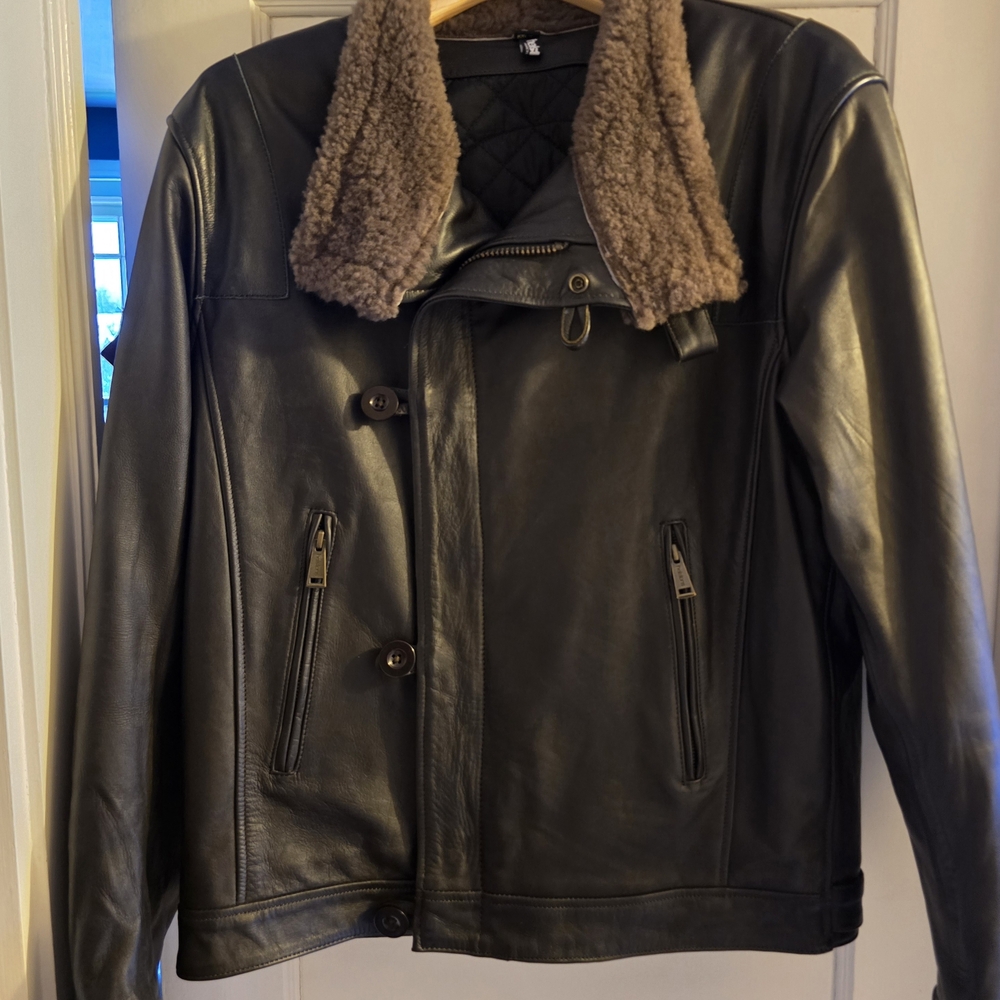 Men's Black Leather Jacket with Brown Shearling Collar